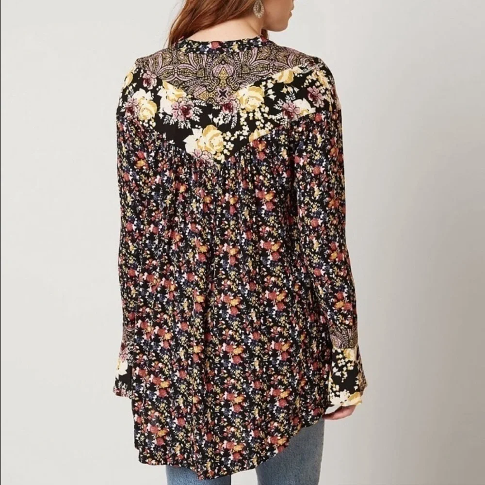 FREE People Wildflower Fields Tunic Top Dress Black Floral Bell Sleeve Buttons